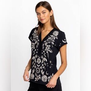 Johnny Was Oleander Button Neck Knit Tee Shirt Black Floral Embroidery Size XXL
